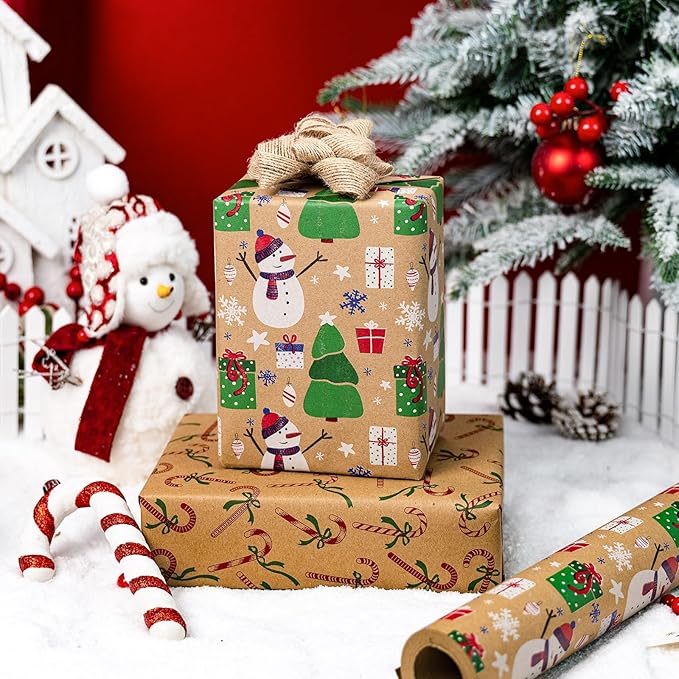 Yarcony Christmas Gift Wrapping Paper Roll, Kraft Snowman Wrapping Paper，Reversible Snowman, Candy Cane & Bow Design Winter Theme Thick Christmas Gift Wrap for Holiday Celebration (17 Inch X 33 Feet)