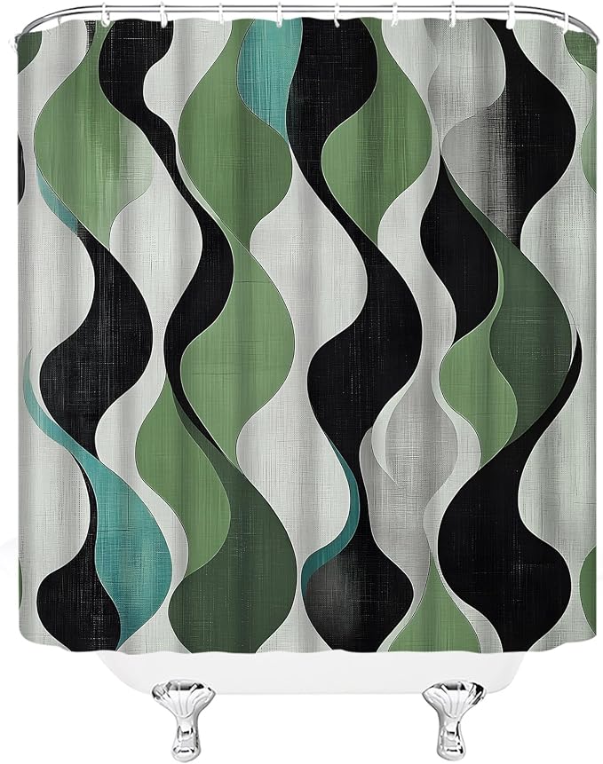 Mid Century Shower Curtain Boho Minimalist Modern Abstract Aesthetic Geometric Striped Atomic Retro Earthy Fabric Bathroom Decor Set with Hooks(84" Wx70 H)