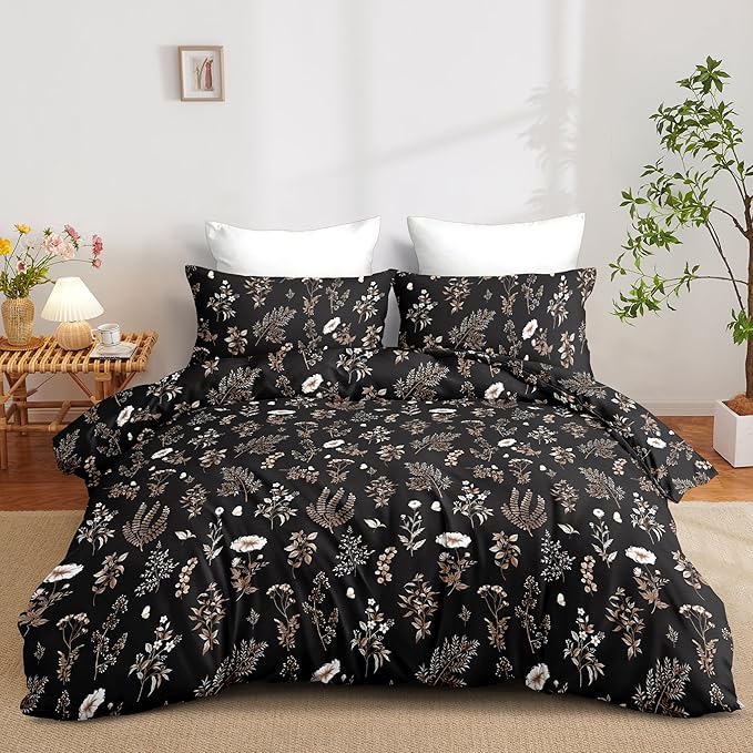 Nayoroom Black Floral Duvet Cover Queen Size Cottagecore Botanical Flower Duvet Cover 3 Pieces Soft Lightweight Aesthetic Bedding Set with Zipper Closure