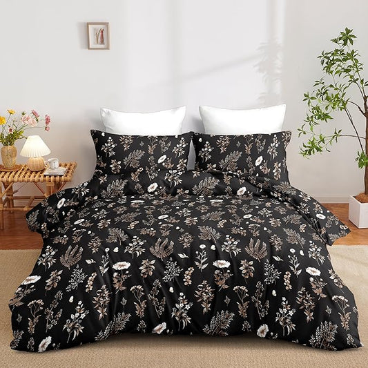 Nayoroom Black Floral Duvet Cover Queen Size Cottagecore Botanical Flower Duvet Cover 3 Pieces Soft Lightweight Aesthetic Bedding Set with Zipper Closure