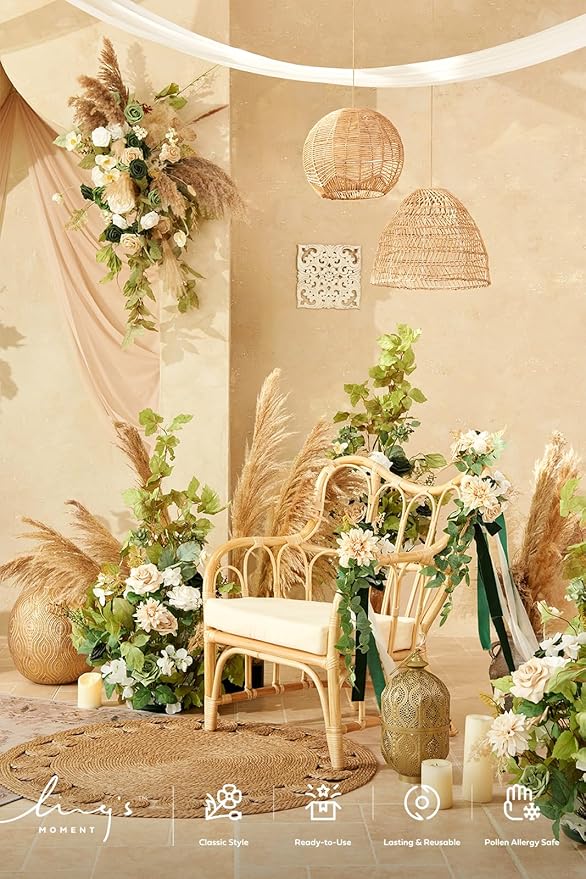 Ling's moment 41" Tall Free Standing Artificial Flowers Arrangements 2 pcs Wedding Arch Altar Stage Decorations Emerald & Tawny Beige Ceremony Reception Rose Fake Floral Party Centerpieces Decor