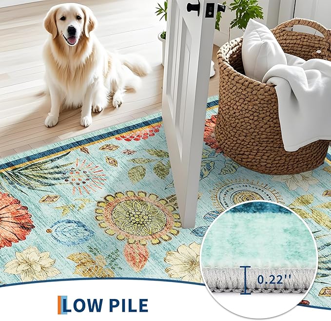 Washable 4x6 Small Area Rug for Living Room Boho Floral Soft Bedroom Rug Non Slip Office Rugs Low Pile Kitchen Small Carpet Stain Resistant Throw Rug for Bedside Kids Room Dining Room, Blue