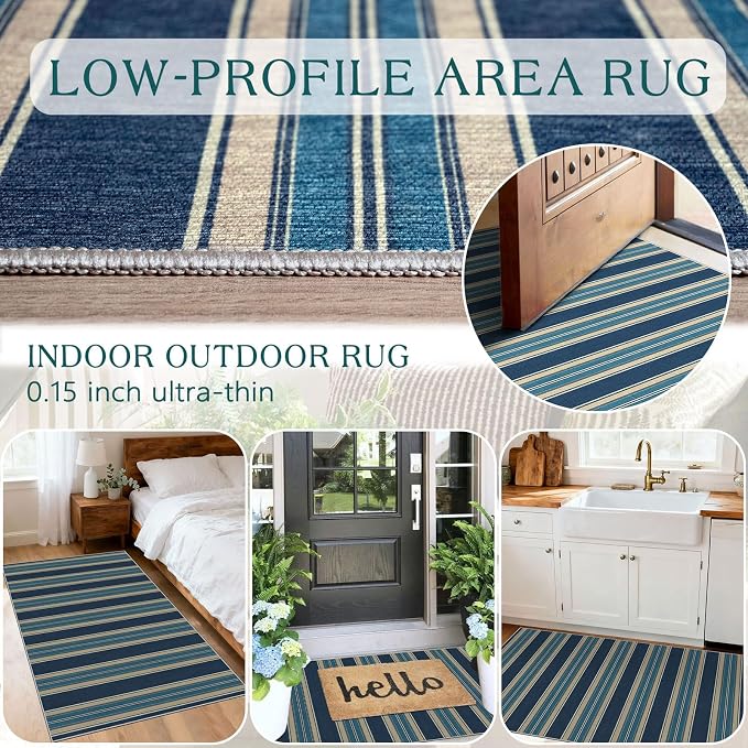Striped Outdoor Rug - 28" x 43" Front Door Mat Indoor Outside Entrance Non-Slip Washable Outdoor Mat Navy Blue Coastal Rug for Entryway Kitchen Bedroom Welcome Layered Doormat for Front Porch