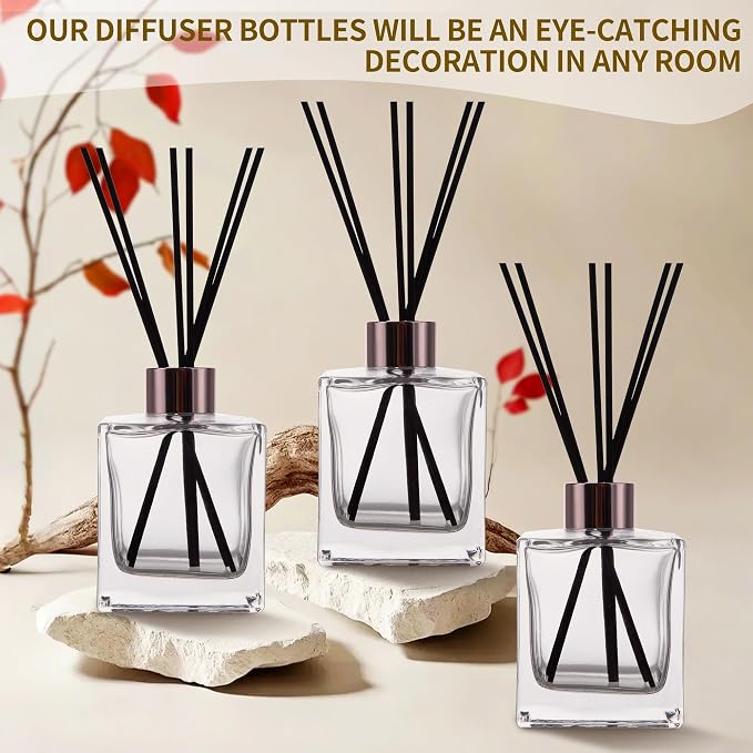 6 Pack Perfume Reed Diffuser Bottle,Empty Square Essential Oil Bottles Glass Jar with Black Sticks for DIY Fragrance Replacement Diffuser Sets (200ml/6.8 oz, Transparent Color)