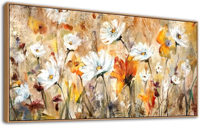 Framed Abstract Floral Wall Art for Living Room Decor Flowers Canvas Wall Pictures White Red Orange Yellow Brown Modern Daisy Artwork Canvas Prints Bedroom Kitchen Office Home Wall Decor 20"x 40"
