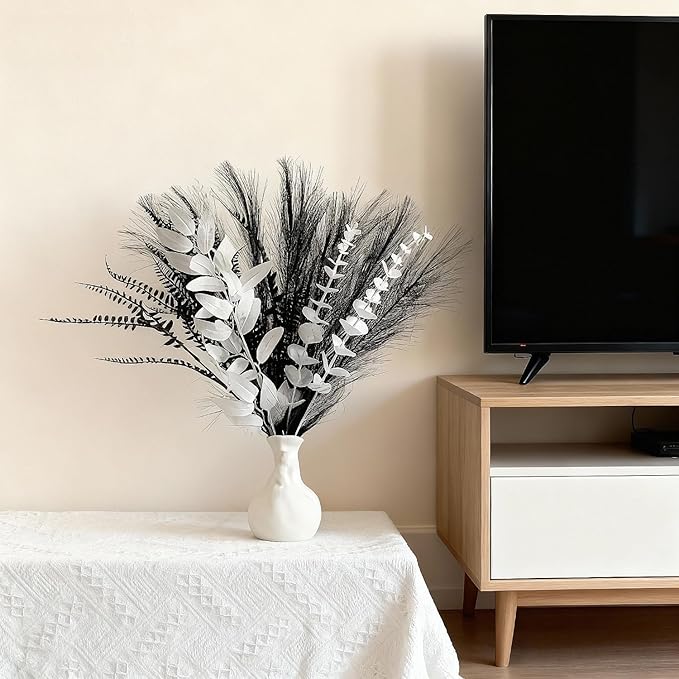 Black and white artificial bouquet in minimalist Nordic style, featuring artificial eucalyptus leaves and pampas grass for home decor, perfect as a centerpiece for hotel desks or dining tables.