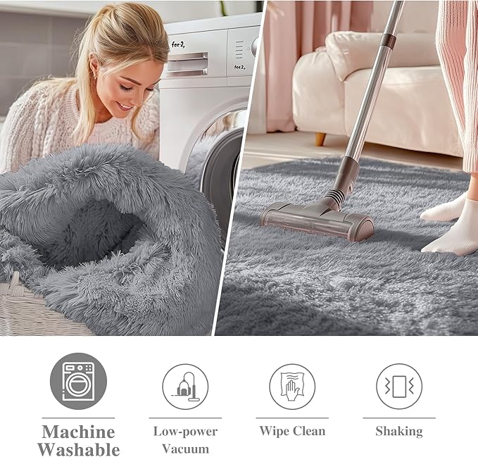 OLANLY Light Grey Round Rugs for Bedroom - Machine Washable, 2 ft Circle Area Rugs for Living Room, Soft and Fluffy Shaggy Carpet for Teen Girls and Boys, Nursery Rooms, Dorms, Home Decor Aesthetic