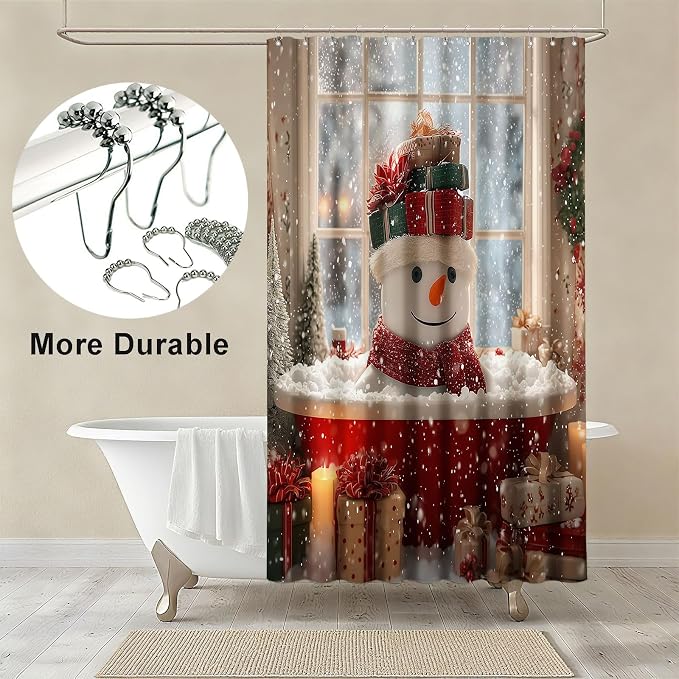 Winter Christmas Shower Curtain Cute Snowman Snowflake Shower Curtains for Bathroom Waterproof Fabric Bath Curtain Decor with Hooks