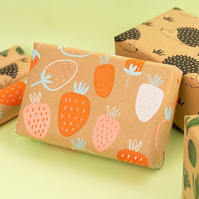 MAYPLUSS Kraft Wrapping Paper Roll - 3 Mini Roll - 17" X 120" Per roll - Fruit/Cactus/Hedgehogs Design (42.3 sq.ft.ttl)