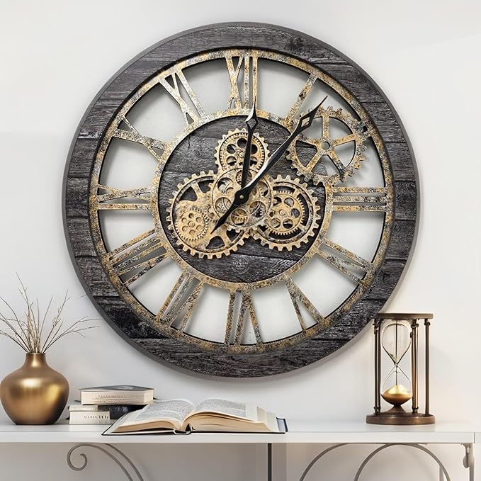 ImprovingLife The Gears Clock The Original Real Moving Gear Wall Clock Vintage Industrial Oversized Rustic Farmhouse (24 inch (60cm), Vintage Carbon Grey and Bronze)