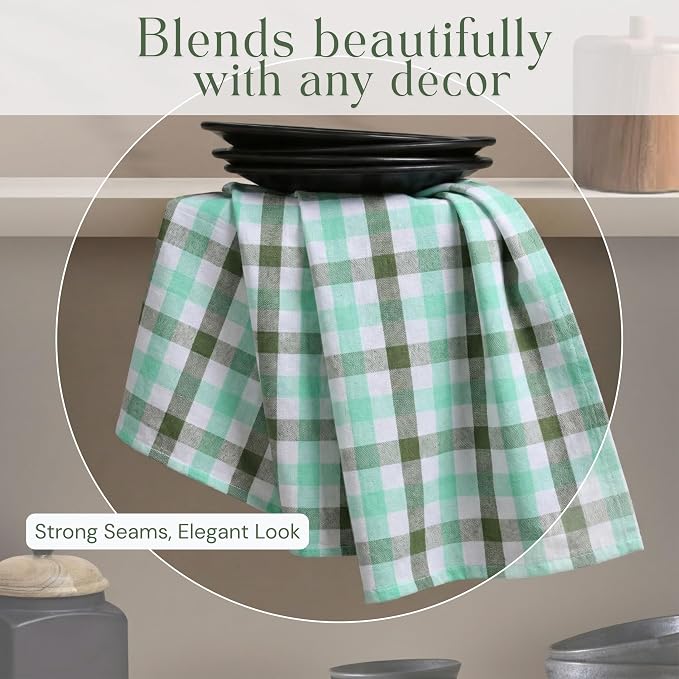 Checked Kitchen Towels 12 Pack, 18"x26", 100% Cotton, Absorbent Dish Towels for Kitchen Drying, Reusable Dishcloths for Cleaning, Quick Dry Wash Rags - Mint Green, Aqua Green, White