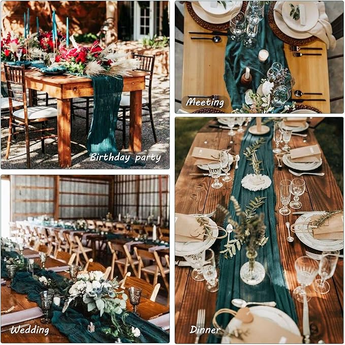 12 Pack 10Ft Cheesecloth Table Runner 35x120 Inch Boho Gauze Table Runner Rustic Cheese Cloth Long Romantic Table Runners for Wedding Bridal Shower Birthday Party Table Decor (Dark Teal)