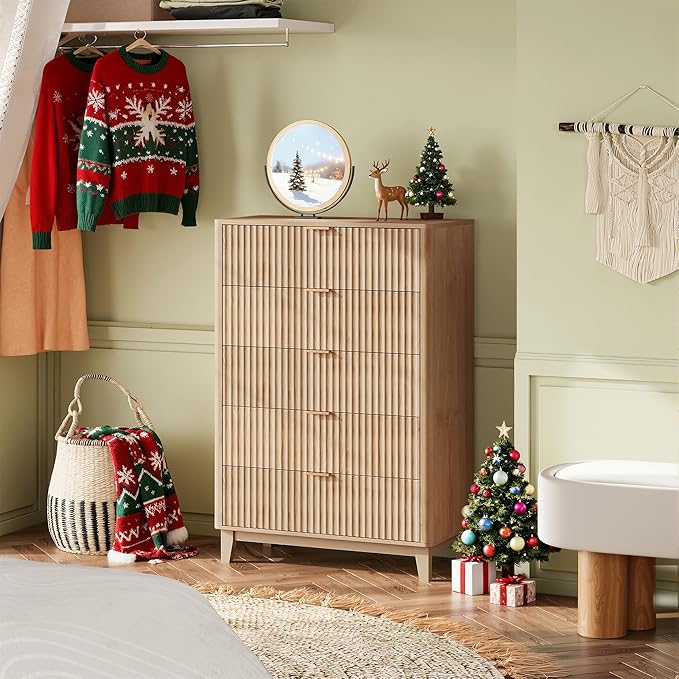 WLIVE Fluted Dresser for Bedroom with 5 Drawers, 46.26" Tall Wooden Dresser with Golden Metal Handles, Mid Century Modern Chest of Drawers for Living Room, Hallway, Closet, Natural Oak