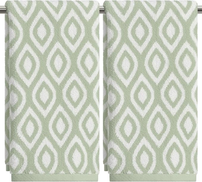 Artoid Mode 2 Pcs Beige Green Diamond Grid Jacquard Hand Towels for Bathroom, 100% Cotton Soft Absorbent Bathroom Decor Towels, 13.7 x 29.5 Inch