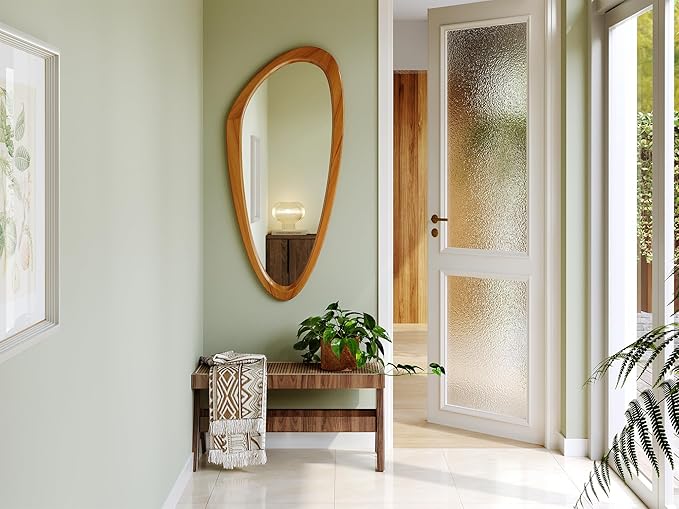 Mid Century Modern Mirror, 22x48 Inch Irregular Wall Mirror, Asymmetrical Wall Mirrors Full Length with Pine Wood Frame for Living Room Bathroom Entryway Hangs Horizontally or Vertically