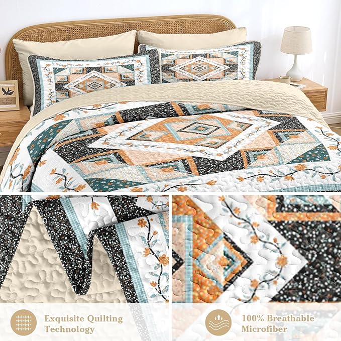 Quilt Set Twin Size, Farmhouse Floral 2 Pcs Soft Bed Cover Bedding Set, Boho Rustic Geometric Lightweight Bedspread Coverlet with Pillow Sham for All Season