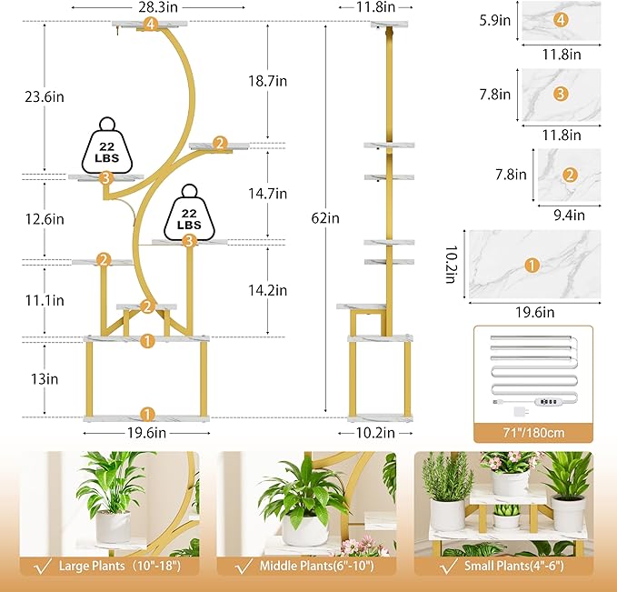Plant Stand with Grow Lights for Indoor Plants, 8-Tiered Tall Corner Plant Shelf with Full Spectrum Light, S-Shaped Space-Saving Narrow Flower Holder, Anti-Tip for Living Room Bedroom, Faux Marble
