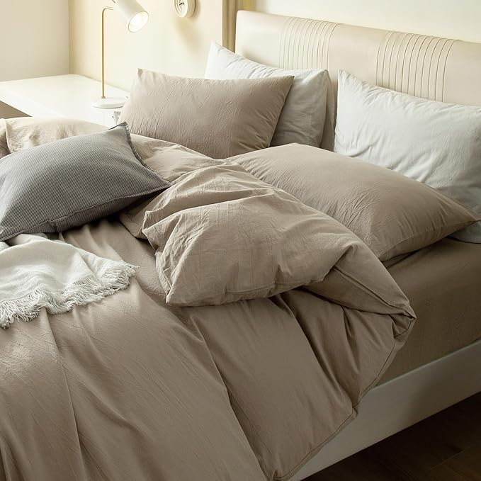 JIYUAN 100% Washed Cotton Duvet Cover Set 3 Pieces Oversized Queen, 1 Duvet Cover 98x98 Inches(Comforter Not Included) and 2 Pillowcases,Linen Feel Bedding Set Comfy and Breathable,Khaki