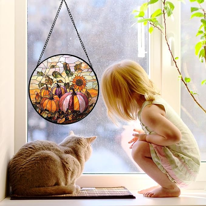 Stained Glass Window Hanging, Pumpkin Sunflower Suncatcher Diamond Glass Panel Sun Catchers Decor for Birthday for Women, Men, Wife, Aunt, and Mom 6.3 in