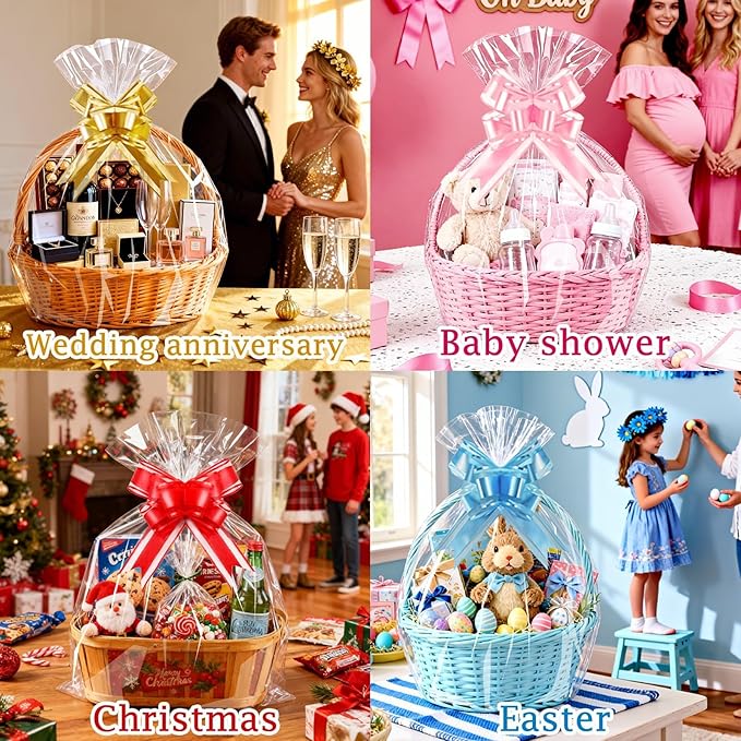 PigPotParty 24"x30" Clear Cellophane Gift Bags - Includes Bows – 10 Pack Large Cellophane Wrap for Gift Baskets, Plastic Gifts Bags for Gift Giving