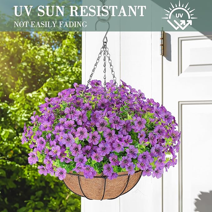 Artificial Flowers Hanging Plants in Basket,Artificial Hanging Flowers for Outdoor Indoor Decor,UV Resistant Hanging Baskets with Fake Flowers for Patio Garden Porch Deck Decoration