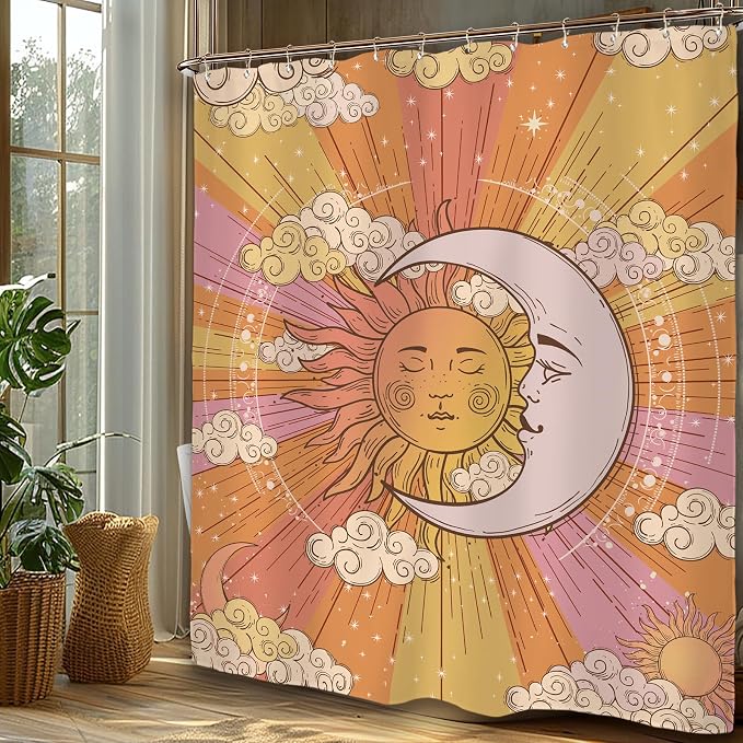 Miyotaa Sun Moon 70s Shower Curtain Set 60Wx71H Inches Celestial Vintage Witchy Abstract Aesthetic Polyester Waterproof Cloth Bathroom Curtain with 12 Hooks