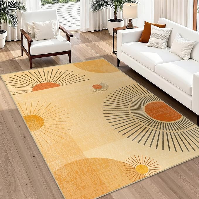 Large Area Rug 6x9 Sun Rug Living Room Mid Century Modern Rugs Machine Washable Boho Geometric Rug Non Slip Printed Low Pile Indoor Floor Carpet for Dining Room Bedroom Office,Yellow