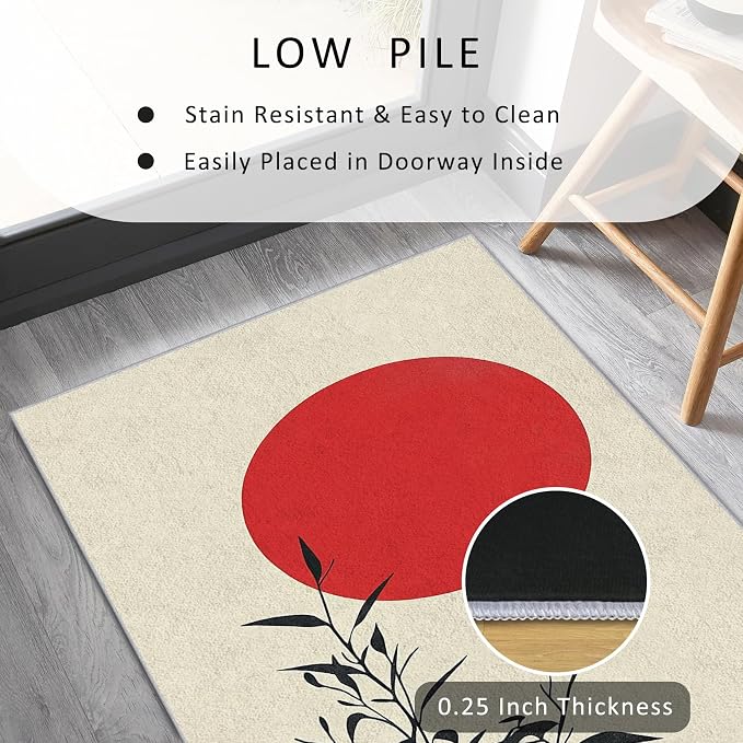 Long Narrow Hallway Runner Rug 2x10, Japanese Rug, Black and Grey Red Sun Pattern Design, Bed Side Runner Rugs for Bedroom, Children Kids Boys Girls Room, Zen Asian Home Decor