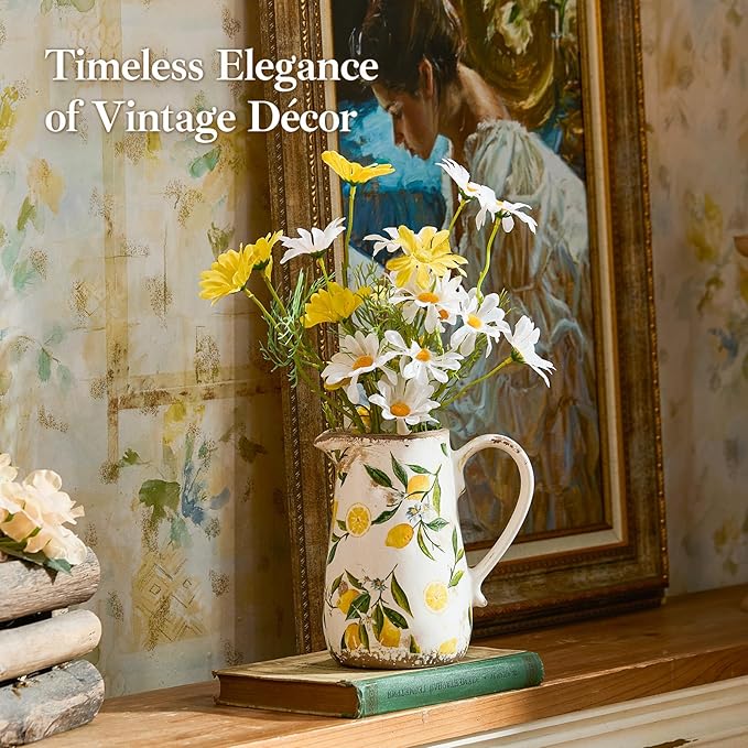 Vintage Lemon Ceramic Vase with Handle, Retro Ice Glazed Crack Farmhouse Pitcher Vase for Home Decor, Living Room, Shelf, Office, Rustic Table Centerpiece 7 Inch