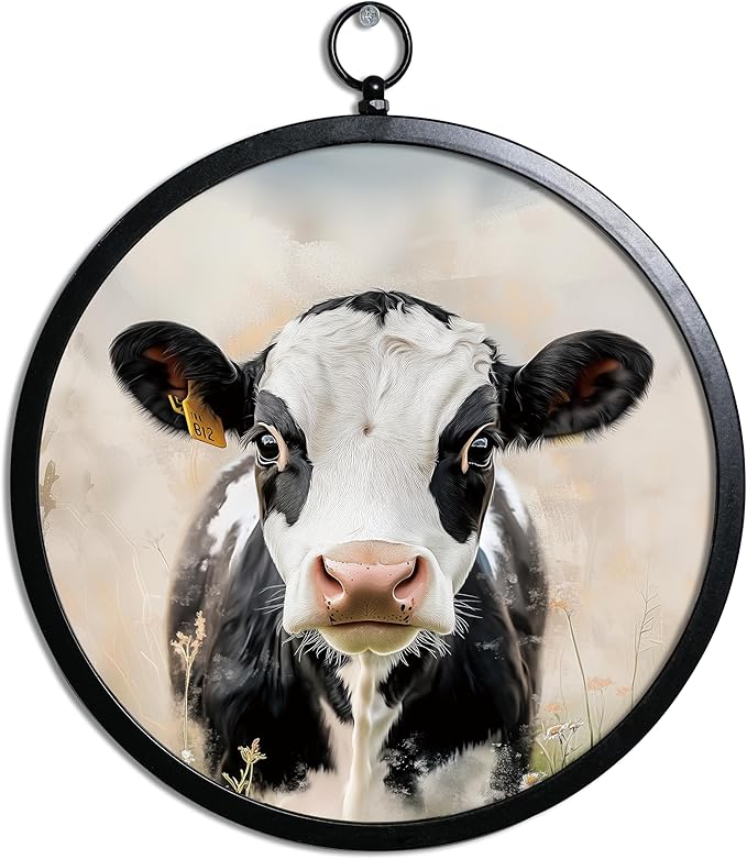 XIAOAIKA Vintage Wall Art with Metal Frame, Round Wood Print Featuring Cow Portrait, Boho Wall Decor for Living Room, Bedroom, Kitchen, 10 Inch