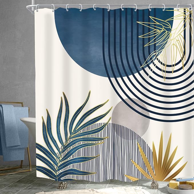 KOMLLEX Mid Century Boho Shower Curtain for Bathroom Decor Abstract Modern Sun Minimalist Aesthetic Arch Curve Leaves Geometric Navy Blue Gray Neutral Fabric Waterproof Polyester 12 Hook 72Wx72L