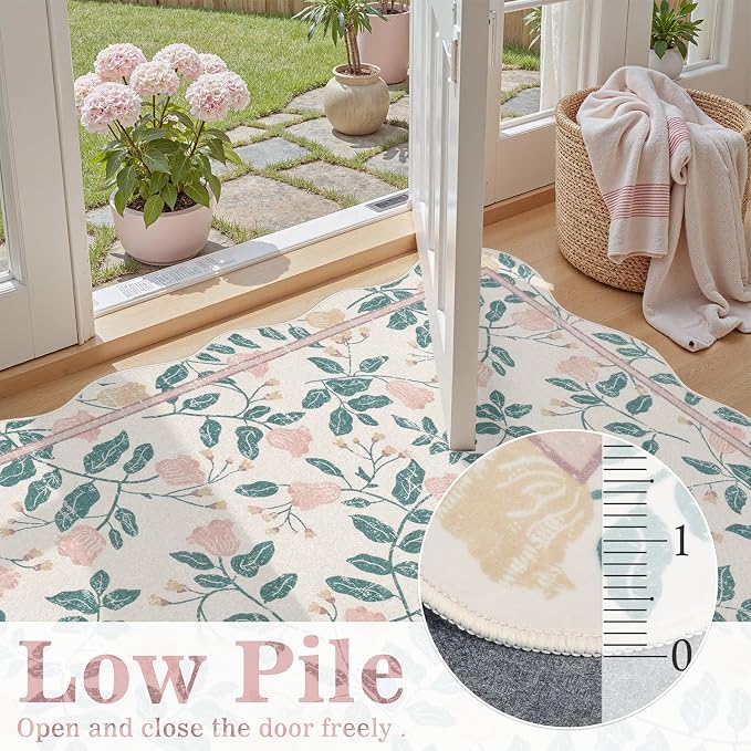 DCX Pink Botanical 5x7 Rug, Machine Washable Non Slip Stain Resistant Carpet, Kid & Pet Friendly Low Pile Floral Scalloped Rug for Living Room, Bedroom, Home Office