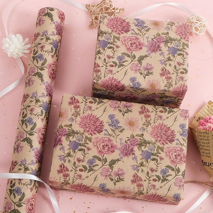 RayofSun Kraft Floral Wrapping Paper Roll 17 in x 32 ft Mini Roll Vintage Wildflower Pink Flower Gift Wrap Paper for All Occasion Wedding Birthday Bridal Shower Party Wrapping Supplies