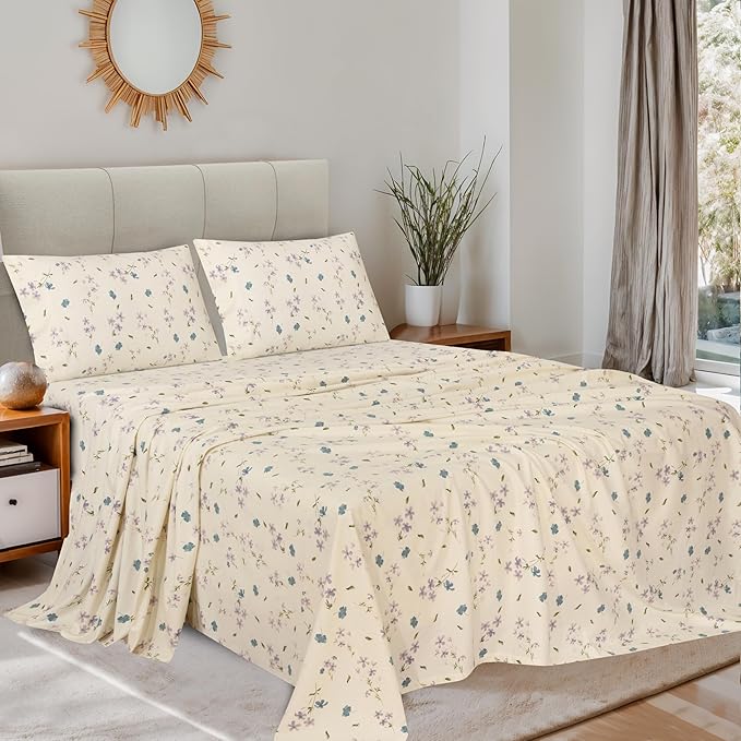 RUVANTI Flannel Sheets Queen Size - 100% Cotton Double Brushed Bed Sheets, Deep Pockets 16 Inches Queen Sheet Set, All Seasons Breathable & Extra Soft - Warm & Cozy, 4 Piece, Jasmine Stamp Cream
