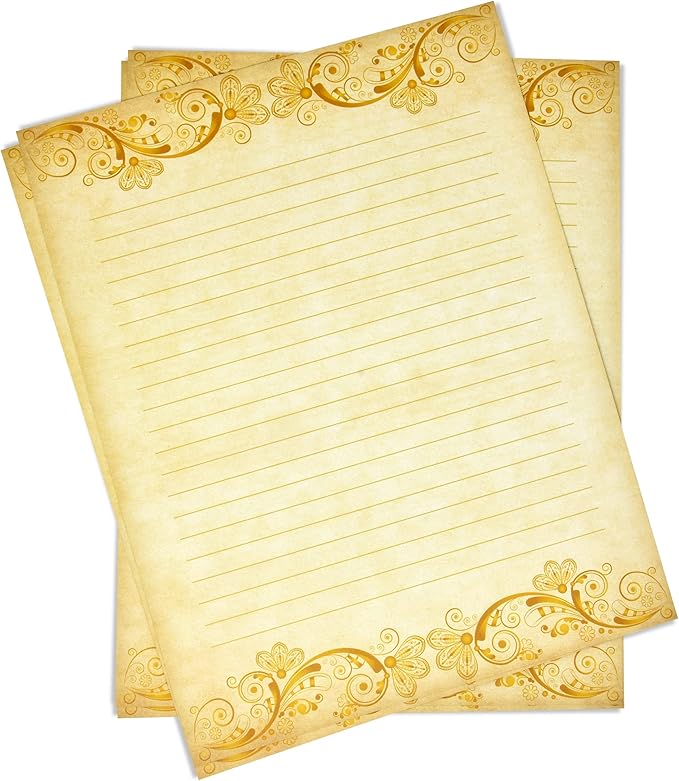 Gift Boutique 100 Pack Vintage Lined Stationary Paper Gold Sheets For Writing Poems Lyrics Letters Wedding Invitations Printing Supplies, 8.5" X 11"