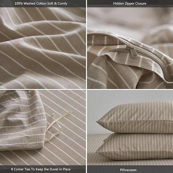 MooMee Striped Duvet Cover Set 100% Washed Cotton Linen Like Textured Breathable Durable Soft Comfy (Tannish Linen Grey White Wide Stripes, Super King 108"x98")