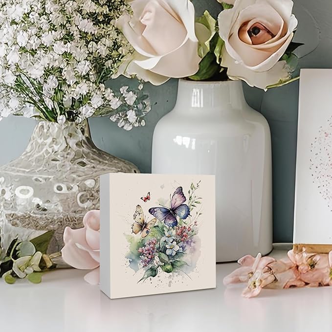 Vintage Butterfly Floral Wooden Box Sign Desk Decor, Butterfly Bathroom Decor, Butterfly Decorative Signs Decor for Girls Room Bedroom, Farmhouse Flower Home Shelf Desk Decor 5x5 Inch