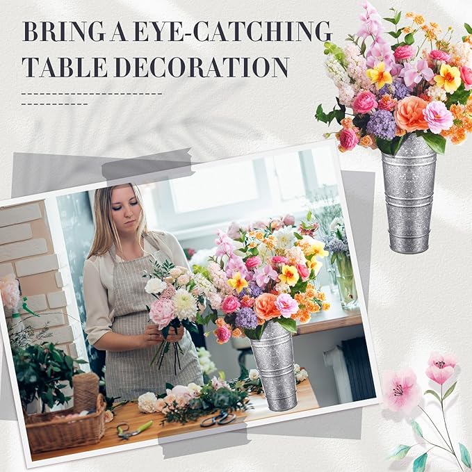 Zhehao 12 PCS 12 Inch Galvanized Metal Vase with Handles Bulk Tin Flower Buckets Galvanized Vases for Flowers Country Wedding Table Centerpieces Metal Flower Buckets for Wedding Home(Matte Silver)