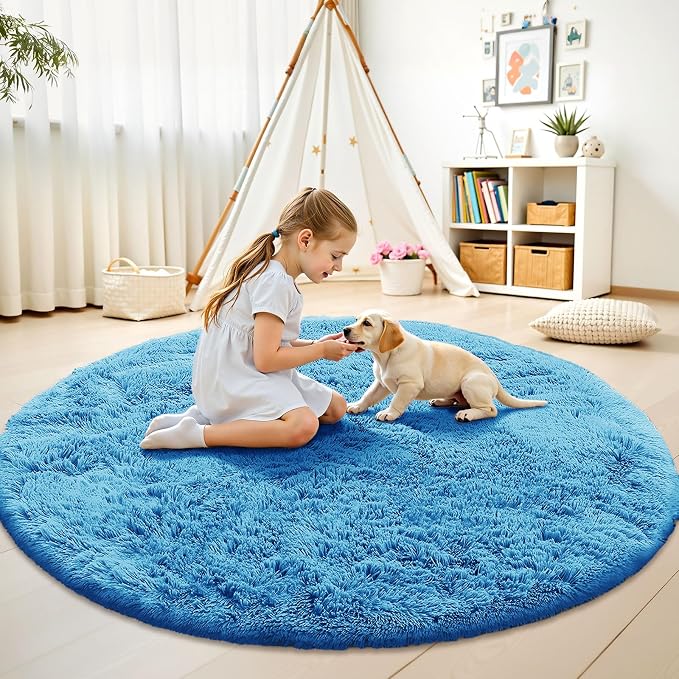 OLANLY Bright Blue Round Rugs for Bedroom - Machine Washable, 7 ft Circle Area Rugs for Living Room, Soft and Fluffy Shaggy Carpet for Teen Girl and Boys, Nursery Rooms, Dorms, Home Decor Aesthetic