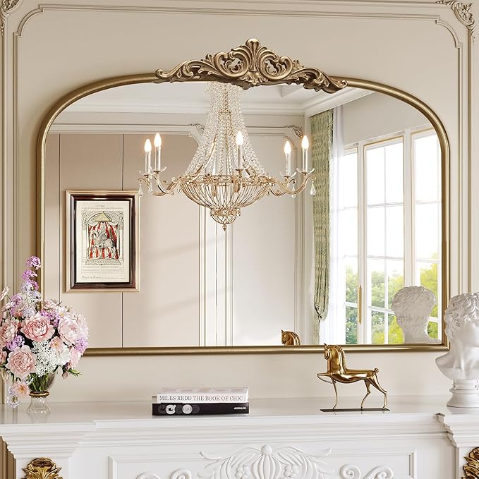 Arched Antique Gold Wall Mirror, 30" Lx40 W Vintage Mantel Bathroom Mirror Over Sink, Ornate Champagne Bronze Wide Large Arched Mirrors for Bedroom, Livingroom, Entryway, Fireplace