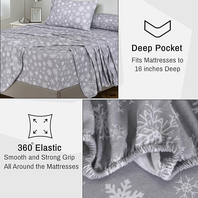 RUVANTI Flannel Sheets Full Size - 100% Cotton Double Brushed Bed Sheets Set, Deep Pockets 16 Inches, All Seasons Breathable & Extra Soft Full Sheets, Warm & Cozy, 4 Piece, Snowflakes