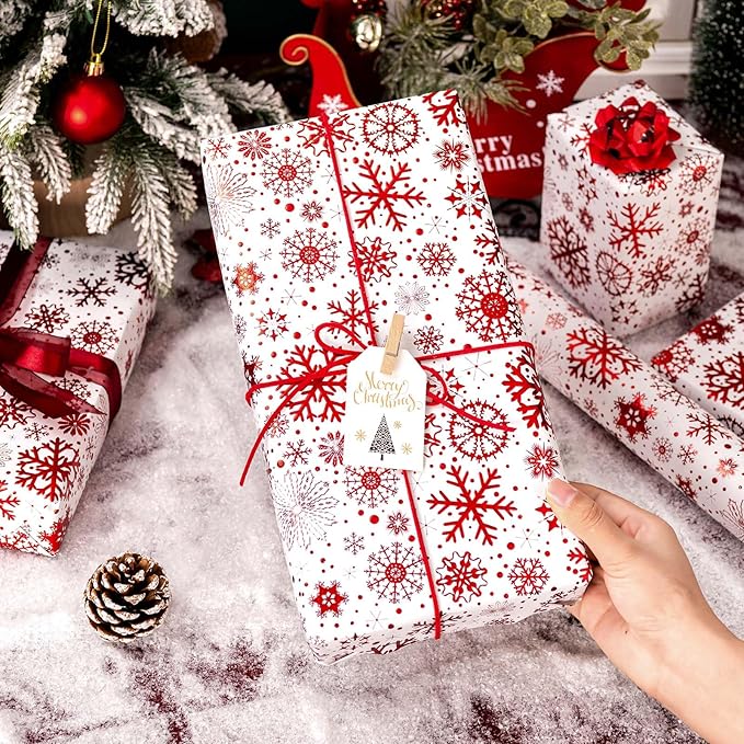 Flyhill Kraft Christmas Wrapping Paper,Red Snowflake Metallic Embossed Foil Luxury Gift Wrap Roll for Holiday, Party,Celebration, New Year (17 Inch X 32.8 Feet)