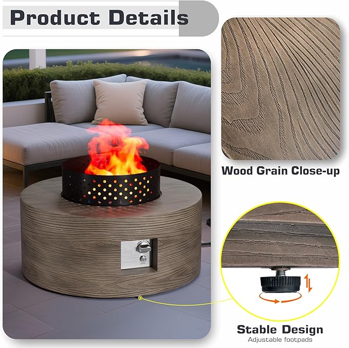 2-Piece 30" Round Propane Fire Pit for Outside Patio with Hidden Tank Table, 50,000 BTU Fireplaces with Wind Guard, Lid, Glass Rocks, Cover(Wood Grain Walnut)
