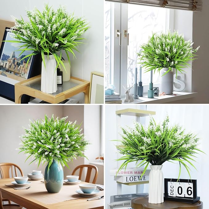 Ouddy Decor 24 Bundles Artificial Flowers for Outdoors, Fake Lavender Flowers Monkey Grass Faux Plastic Plants Shrubs UV Resistant for Porch Garden Window Box Office Home Decorations, White