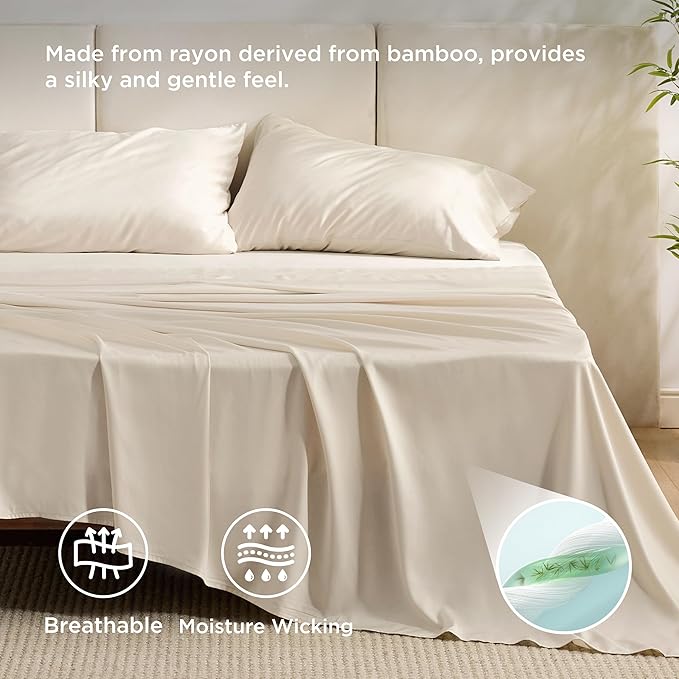 Bedsure Queen Sheet Set, Rayon Derived from Bamboo, Cooling Sheets, Breathable & Soft, Deep Pocket Up to 16", Hotel Luxury Silky Bedding for Hot Sleepers, Light Beige