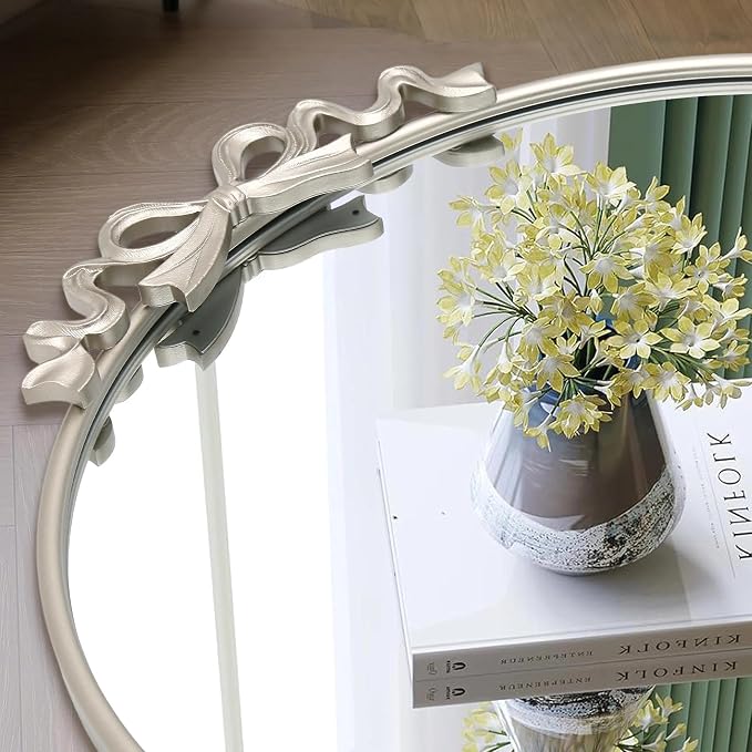 Besdomus Arched Mirror Full Length: 21"x56" Bow Champagne Silver Large Floor Standing Mirror - Antique Baroque Traditional Ornate for Entryway/Cloakroom/Bedroom - Home Decor for Fashion-Conscious