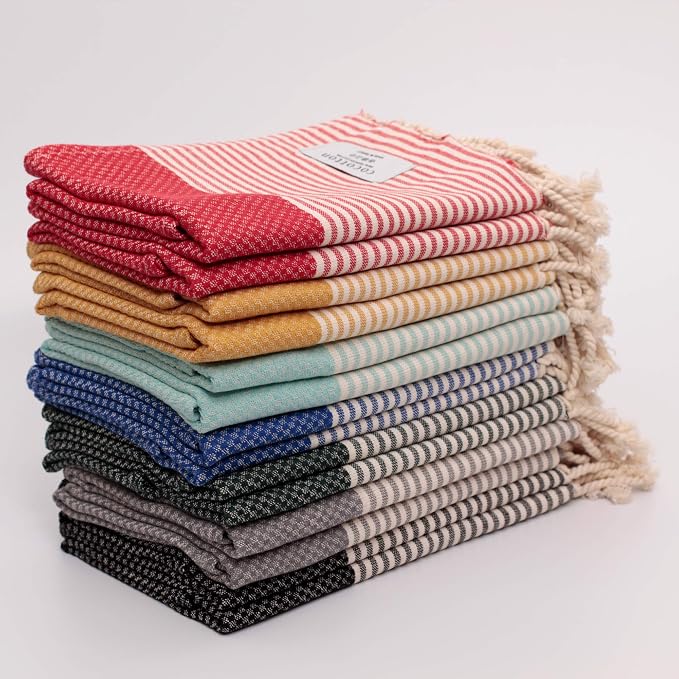 Boho Striped Turkish Hand Towels Set of 2 | 100% Cotton, 16 x 40 Inches | Decorative Bathroom Hair Face Gym Yoga Dishcloth Tea Kitchen Light Weight Quick Dry Farmhouse Towel (Mint)