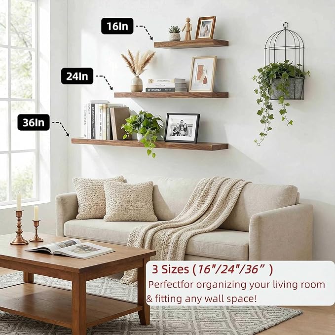 SAUMONIERES Floating Shelves Wall Shelf Solid Wood for Bathroom Bedroom Kitchen Storage Set of 3, Walnut Wall Shelves