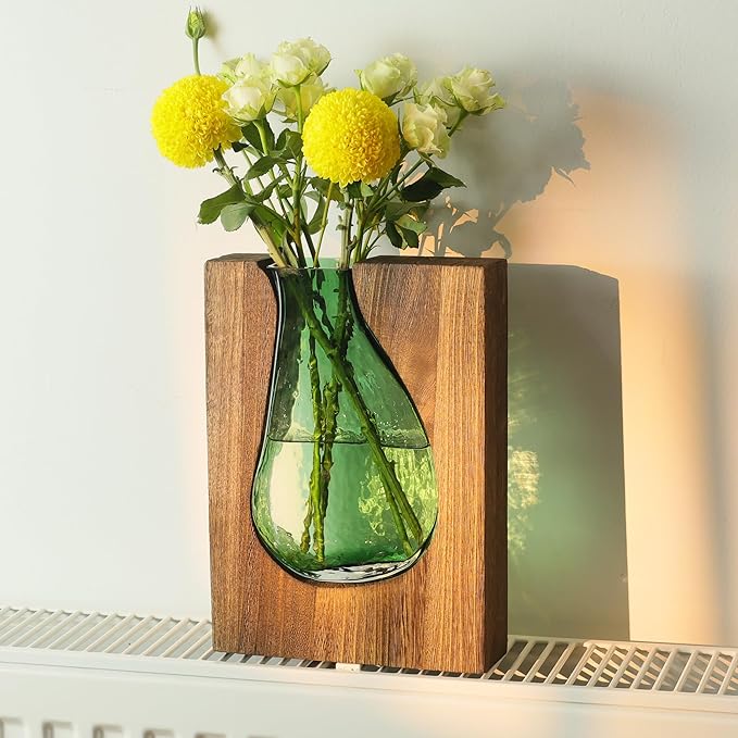Wood and Glass Inlay Vases Farmhouse Wooden Glass Flower Vase Solid Wood Glass Vase Home Decor Vases for Centerpiece (9.29 Inches)