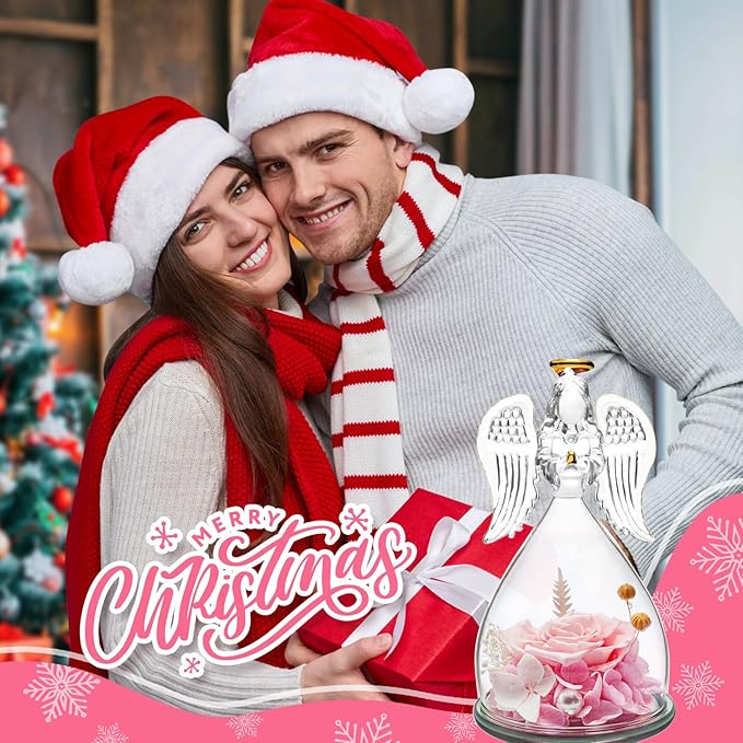 ANWEAO Christmas Flowers Gifts for Women,Mom, Preserved Real Rose with Angel Necklace,Romantic Gift for Her,Mom Birthday Gifts,Eternal Flowers Angel Gifts for Women Grandma Wife Girlfriend